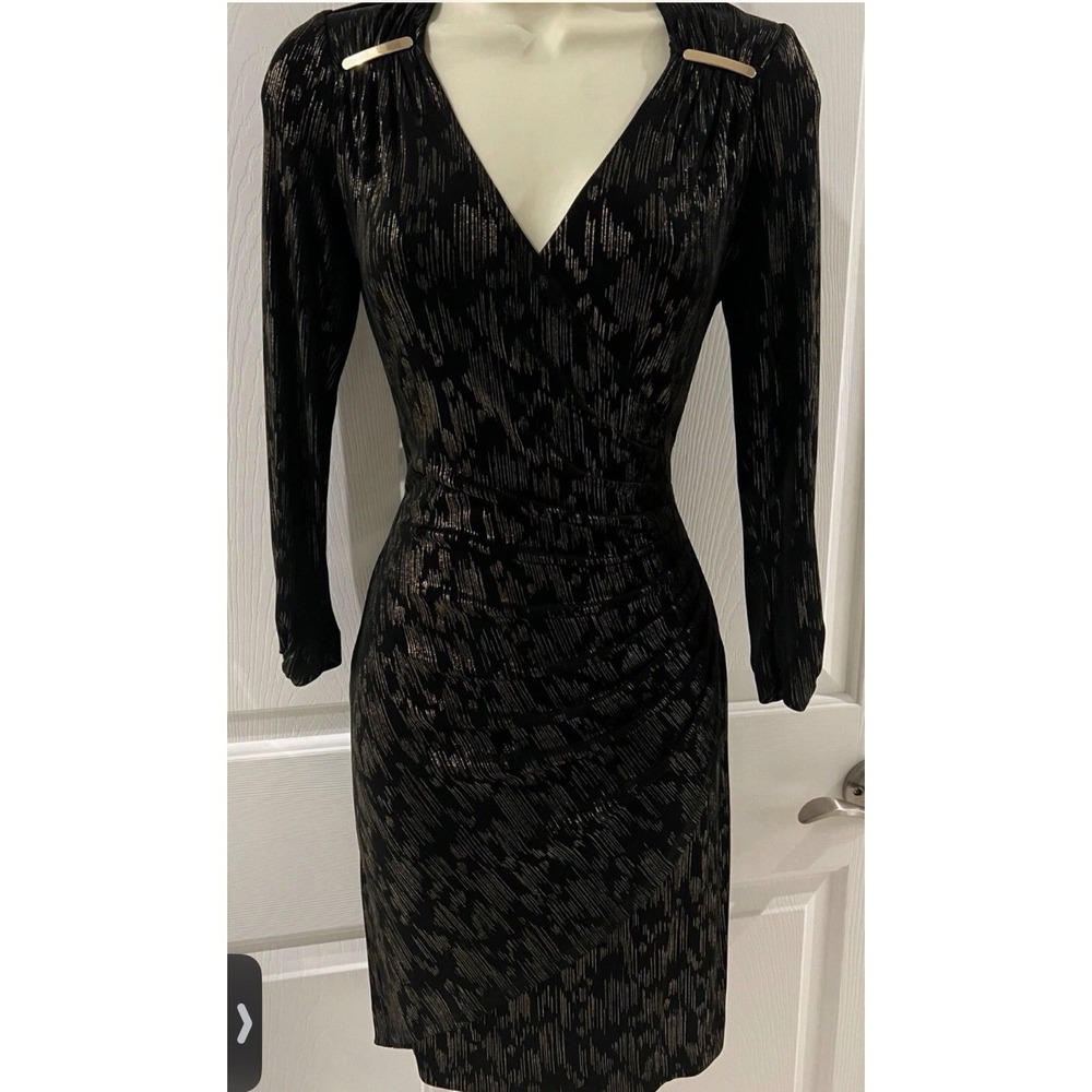 Designer Cache $178 Black & Gold‎ Long-Sleeved Faux Wrap Elegant Dress size XS